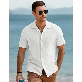 JMIERR Mens Linen Shirts Casual Short Sleeve Button Down Shirts Wrinkle Free Vacation Beach Summer Tops, L, White