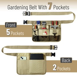 UNCO- Adjustable Gardening Belt, Khaki, 7 Pockets, Wear, Cut and Water Resistant, Garden Tool Belt Pouch, Waist Apron with Pockets