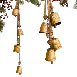 Mie Creation Set of 4 Rustic Vintage Cow Bells Cluster on Jute Rope, Christmas Tree Decorations, Handmade Metal Harmony Cowbells, Shabby Chic Wall Hanging, Holidays Wreath decor - Antique Gold 30 inch