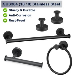 (5 Pieces) Matte Black Bathroom Hardware Set SUS304 Stainless Steel Towel Holder Set Include 16 inch Bath Towel Bar Toilet Paper Holder 2 Round Towel Hooks Towel Ring for Bathroom Accessory Set