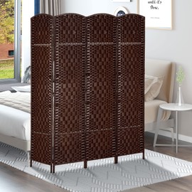 Royard Oaktree 4 Panel Folding Room Divider, 6' Tall Portable Privacy Screens, Wicker Weave Divider with Wood Frame, Freestanding Partition Wall Dividers for Home Office Bedroom, Brown
