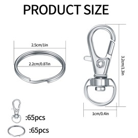 MMDBD Pack of 130 Key Rings and Split Rings (65 Key Rings + Twist Snap Hook Clips), Key Ring Carabiner Twist Lock for DIY Hanging Jewellery Making, silver
