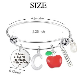 Scwasen Initial Teacher Bracelet for Women Teacher Appreciation Gift It Takes a Big Heart to Teach little Minds Bangle Bracelet Thank You Gifts for Teachers on Teachers Day (Apple C)