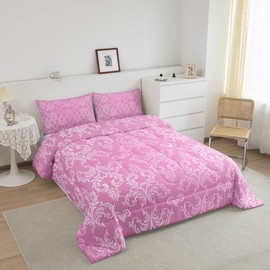 Feelyou Jacquard Bedding Set King Size Floral Comforter Set for Adult Boys & Girls - Boho Damask Duvet Set with Pink Quilt Set (3Pcs)