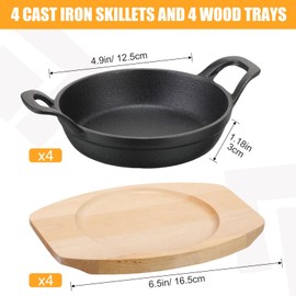 Sliner 4 Sets Mini Cast Iron Skillet Small Cast Iron Plates Skillet with Wooden Base Small Round Pan Fajita Plate Pot for Baking Cooking(4.9 Inches)