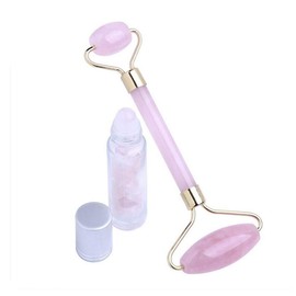 YISHUI Natural Rose Quartz Massage Jade Roller Massager Natural Ball Double Head Beauty Stone Roller Ball Bottle Reiki Healing Stone Double Body Spa Relaxation Tool Set W3478