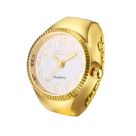Lancardo Vintage Elastic Finger Watch: Round White Dial Quartz Movement Bling Gold Silver Tone Ring Watch for Women