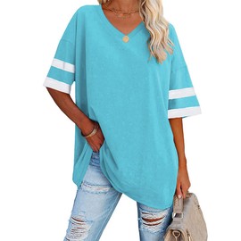 Ebifin Women's Oversized T Shirts Color Block Tees Half Sleeve V Neck Comfy Cozy Cotton Tunic Tops