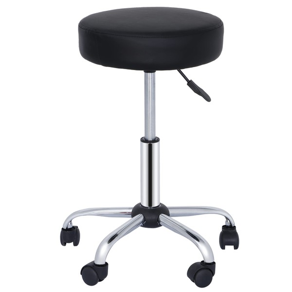F2C PU Leather Round Salon Stool with Metal 5 Star Base and Wheels, Height Adjustable Hydraulic Bar Swivel Rolling Facial Massage Spa Task Chairs Black