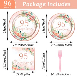 96Pcs Floral 95 Fabulous Party Supplies 95th Birthday Paper Plates Napkins Rose Gold Party Decorations 95 Years Dinnerware Party Favor Women 95th Tableware Serves 24