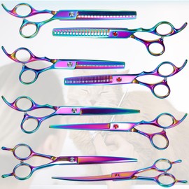 Dog Grooming Scissors Set, SUMCOO Pet Grooming Scissors Chunkers Shears for Dog, Curved Dog Grooming Scissors, Thinning Shears for Dog with Grooming Comb (Rainbow)