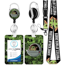 Akkya ID Badge Holder with Lanyard and Retractable Badge Reel Belt Clip, Cute Funny Cartoon Key Keychain Green Lanyards Clip On Badge Extender Vertical ID Sleeve for Women
