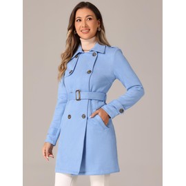 Allegra K Women's Faux Suede Trench Coat Notched Lapel Double Breasted Jacket with Belt Large Sky Blue