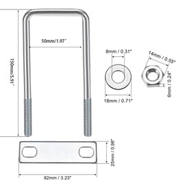 TOP-VIGOR M8 Square U-Bolts, 50mm Inner Width 150mm Length Steel U-Bolts with Nut, Plate, Washer for Building Installations Mechanical Parts Connection Cehicles Ships