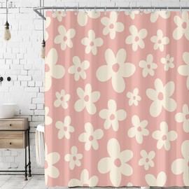 Visioun Cute Retro Pink Floral Shower Curtain for Bathroom 72W*72H Inch Abstract Flower 70s Lovely Vintage Aesthetic Funky Bathtub Decor Modern Trendy Waterproof Polyester Fabric Set with 12 Hooks