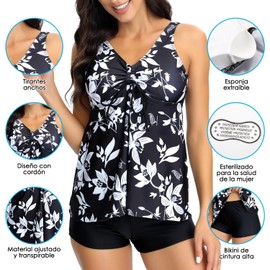 Lukovee Traje de Baño Bikini para Mujer, 2 Piezas Conjunto de Bikini Bañador de Cintura, Bikini Estampado Flor Bañador con Pantalones Cortos