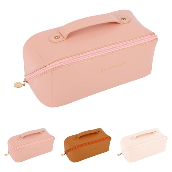 Large Capacity Travel Cosmetic Bag,PU Portable Travel Cosmetic Toiletry Bag Wash Bag, Multifunctional Waterproof Makeup Bag with compartments for Women Girls (Pink)