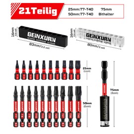 GEINXURN 21 Pieces T7-T40 Muti Torx Screwdriver Bit Set 25 mm 50 mm Length, Impact-Resistant Magnetic Torx Head Power Bits 1 Piece 75 mm Hammer Drill Holder, S2 Alloy Steel Star Bit