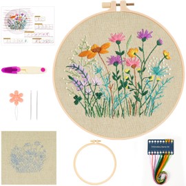 Embroidery Set Beginners, Flower Embroidery Set Adult Cross Stitch Pre-Printed Cross Stitch Starter Kit with Pattern, Embroidery Hoop, Colour Threads and Tools, for DIY Arts Crafts Sewing (Flowers)