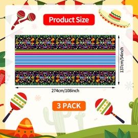 3-Piece 54 x 108 Inch Cinco De Mayo Fiesta Plastic Tablecloth - Colorful Stripe Mexican Party Design Disposable Rectangle Table Cover with Cactus Sombrero for Taco Parties Indoor Outdoor Decorations