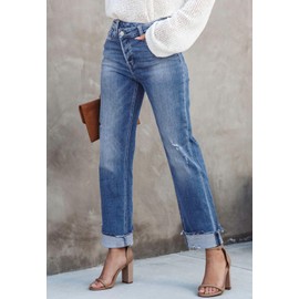 Metietila Women's Crossover Boyfriend Jeans High Waisted Distressed Stretch Jeans Ripped Denim Pants Trendy Lapis Air M