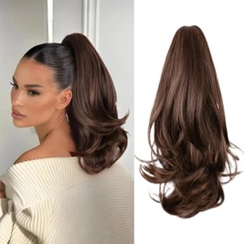 Ponytail Extension 16 Inch Claw Clip Pony Tails Hair Extensions Soft Natural Looking Synthetic Clip in Ponytail Brown Ponytail Extension for Women (Mixed Dark Brown)