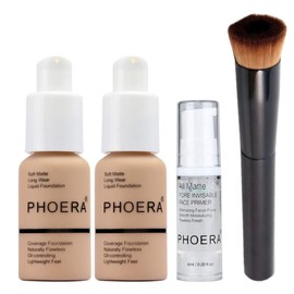 Phoera Foundation Full Coverage Makeup Set - Includes x2 Warm Peach 30ml Matte Foundation, 6ml Face Primer & Liquid Foundation Brush for Easy Application