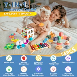 7‑in‑1 Montessori Baby Toys for 6‑12 Months & 1+ Years, Infant Sensory Teething & Stacking Blocks | Wooden Shape Sorter, Xylophone Musical Toy, Birthday Gift for Toddlers 1‑3
