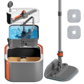 Upgraded Spin Mop and Bucket System Set, Self Separate Clean and Dirty Water, Foldable Square Standing Mop Head with Microfiber Mop Pads, Detachable Bucket (Grey+Orange, Mop Set with 2PC Pads)
