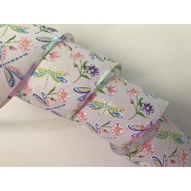 Decorative Ribbon Multicolor Dragonflies and FLowers Ribbon, 2 1/2" Wide, Wired Edge, 3 YARDS