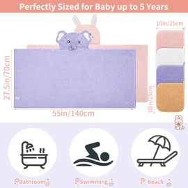 6 PCS Toddler Bath Towel Set for Boy Girl 0-5 Year, 2 PCS Thick Absorbent Hooded Baby Bath Towels Large 55" x 27.5" & 4 PCS Washcloths, Ultra Soft Gift for Infant, Toddler, Kids, Rabbit & Elephant