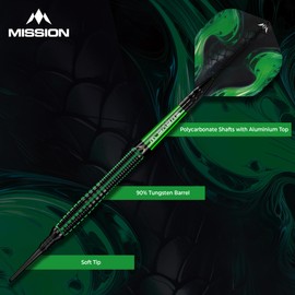 Mission | Venom Darts | Black & Green | Electro Plate | Soft Tip Darts Set | 90% Tungsten | 20g.