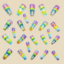Mushroom Press on Nails Coffin Medium Fake Nails Gradient Color Glue on Nails Glossy Acrylic Artificial Nails French Tip Summer False Nails Full Cover Stick on Nails for Women Girls 24 Pcs