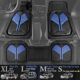 CAR PASS Heavy Duty Rubber Car Mats, Deep-Dish Car Floor Mats All Weather, Universal Two-Tone Trim-to-Fit for SUVs Trucks Sedans, Waterproof Anti-Slip, 3 Pieces V12 Black and Metallic Blue