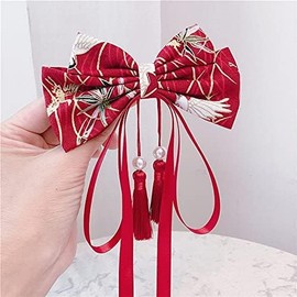 Hanfu Hair Accessories - Chinese Style Red Bows with Tassels Hair Clips, Traditional Hair Barrettes for Women & Girls, Festival Wedding Hair Ornaments