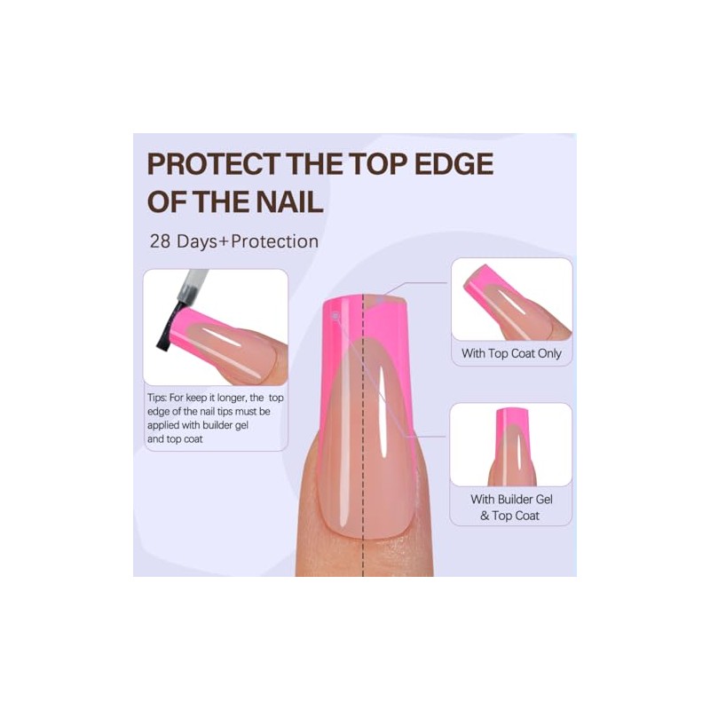Misssix XBASICTIPS Uñas postizas francesas rosas, 150 unidades, largas y