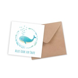 Friendly Fox Whale Christening Card, 1 x Square Christening Card with Envelope, for Christening Small Whale and Fish, Folding Card