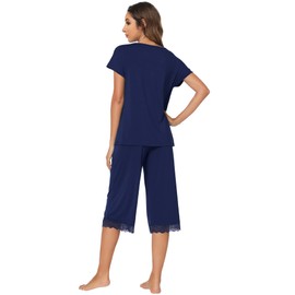 WiWi - Conjunto de pijama para mujer, ropa de dormir de verano, suave, pantalones capri, pijama de viscosa de bambú S-XXL, C-azul marino , XX-Large