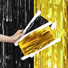 Metallic Tinsel Foil Fringe Curtains Backdrop Black Gold, 2 Pcs 3.28 ft x 6.56 ft Streamers for Birthday Party Graduation New Years Decorations Indoor Outdoor Photo Booth Windows Decoration Supplies