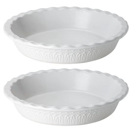 Fun Elements Ceramic Pie Pan, 9 Inch Pie Dish for Baking, Ruffled Pie Plate, Non-Stick Deep Dish Pie Pan for Apple Pie and Pot Pie, Set of 2, White
