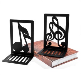 Metal Book Ends, 2 PCS Decorative Bookends Creative Heavy Duty Books Holder for Home School Office Library Kitchen, Classroom Desk Shelves Stand (Music Note Style)