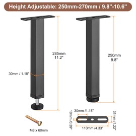 sourcing map 2 Sets Adjustable Height Bed Frame Support Legs Replacement Bed Center Slat Support Legs(250mm-270mm/9.8"-10.6")