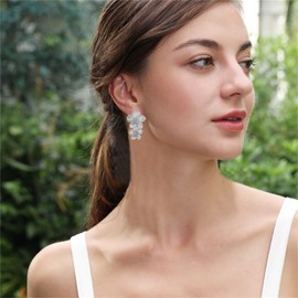 MALOYANVE Bohemian Flower Earrings for Women Delicate Big Double Layered Tiered Daisy Flower Matte Metal Floral Petal Dangle Drop Statement Earrings Chic Boho Hawaii Vacation Wedding Flower Jewelry (Silver)