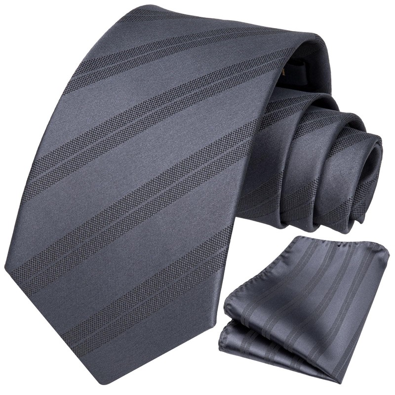 HISDERN Mens Grey Tie and Pocket Square Set Classic Formal