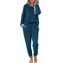Ekouaer Pajamas Women's Long Sleeve Pj Set Soft 2 Piece Loungewear Sleepwear with Jogger Pants Blue Green,M