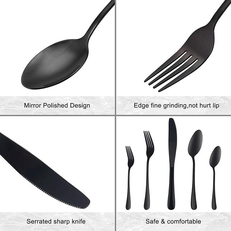 5PCS Stainless Steel Tableware with Round Edge Black Flatware Cutlery