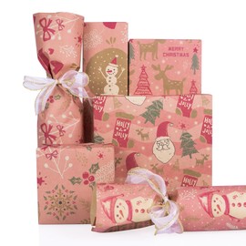 Rancco Christmas Wrapping Paper for Holiday Gift Wrap, Pink Kraft Paper w/Santa, Snowman, Christmas tree, Moose Designs,Wrapping Paper for Merry Christmas, Weddings, Birthday - 4Pc, 27.56 x 19.69''