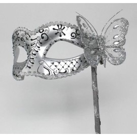 LADIES SPARKLING BLACK & SILVER VENETIAN MASQUERADE CARNIVAL PARTY EYE HAND HELD MASK ON A STICK WITH DIAMONTES