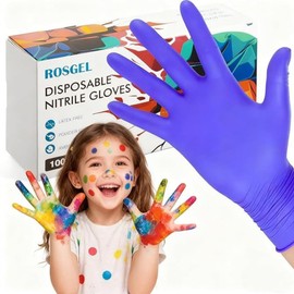 Rosgel Guantes desechables de nitrilo para niños de 4 a 10 años, sin látex, sin polvo, tamaño XS, perfectos para servicios de limpieza, preparación de alimentos y cocina, 100 unidades