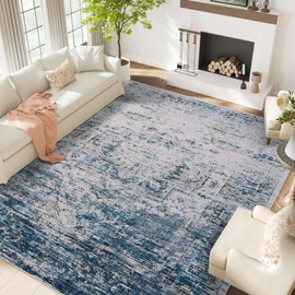 CAROMIO 8x10 Area Rugs for Living Room, Machine Washable Non-Slip Ombre Vintage Distressed Accent Rug, Ultra-Thin Soft Large Area Rug for Bedroom Dining Room, Blue/Beige Multi